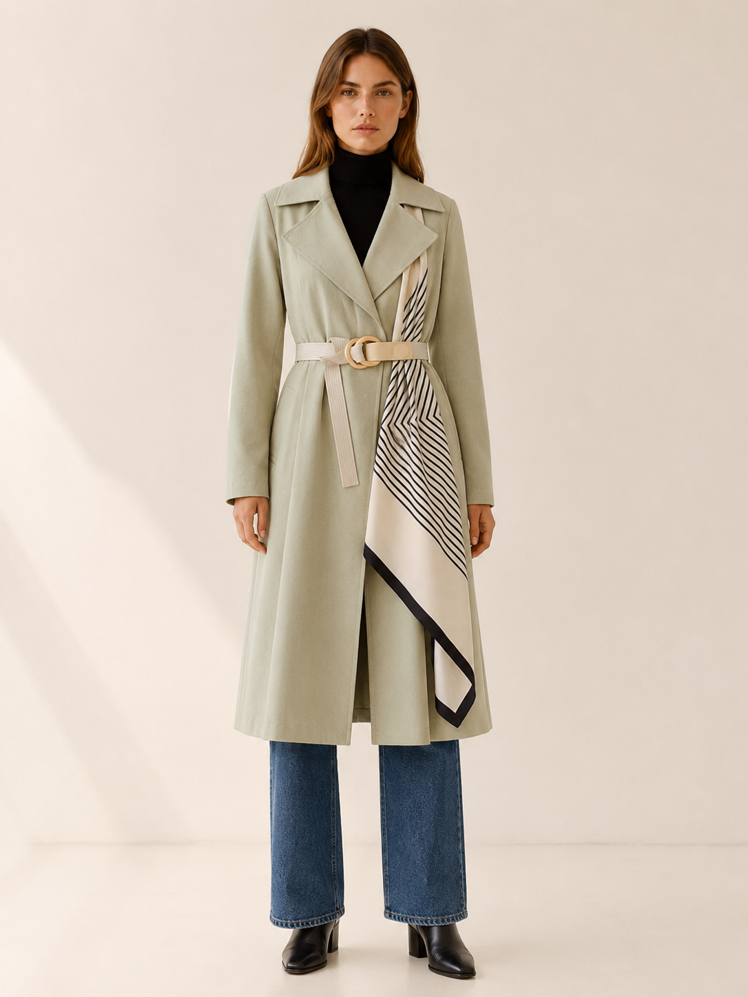 Jolie | Printed Scarf Ring Buckle Belted Long Trench Coat - View 6