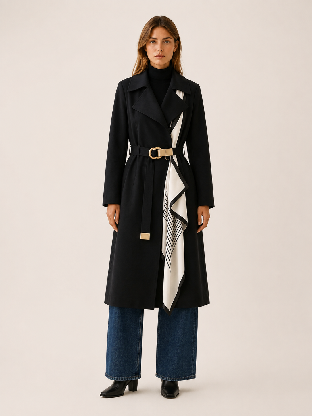 Jolie | Printed Scarf Ring Buckle Belted Long Trench Coat - View 7
