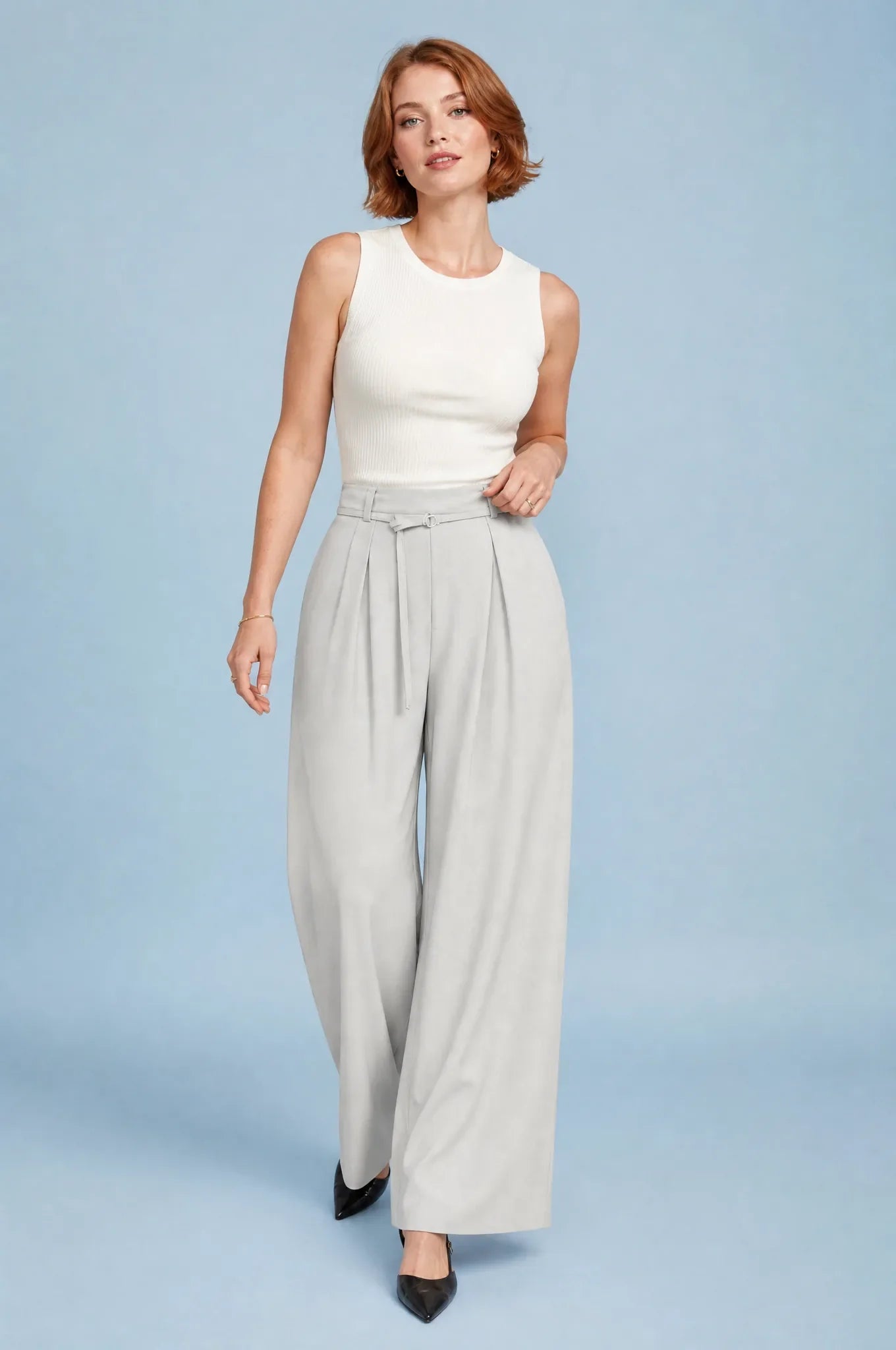 Junia | Ring Buckle Self Belt Pleated Wide Leg Trousers