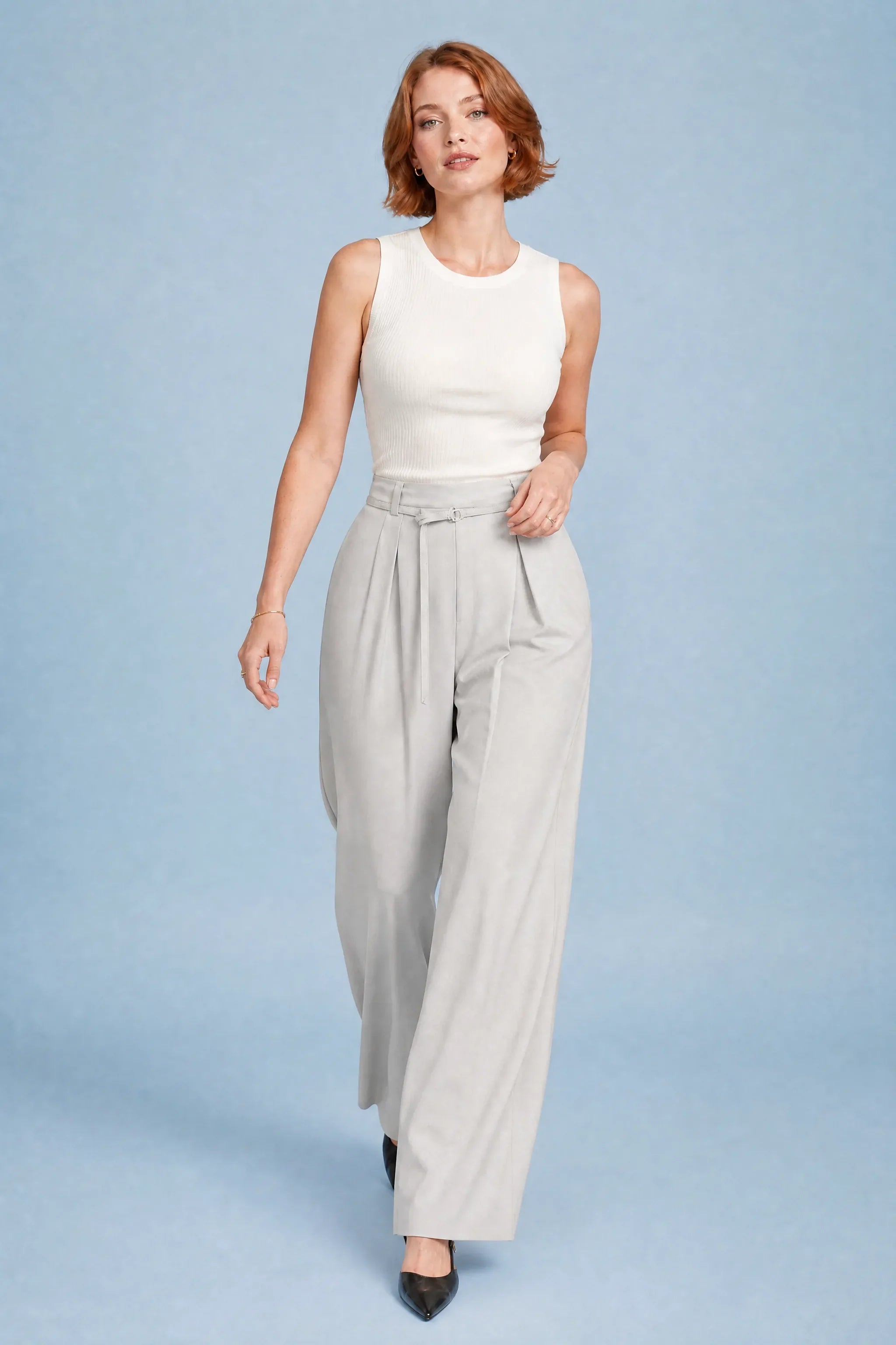 Junia | Ring Buckle Self Belt Pleated Wide Leg Trousers - View 3