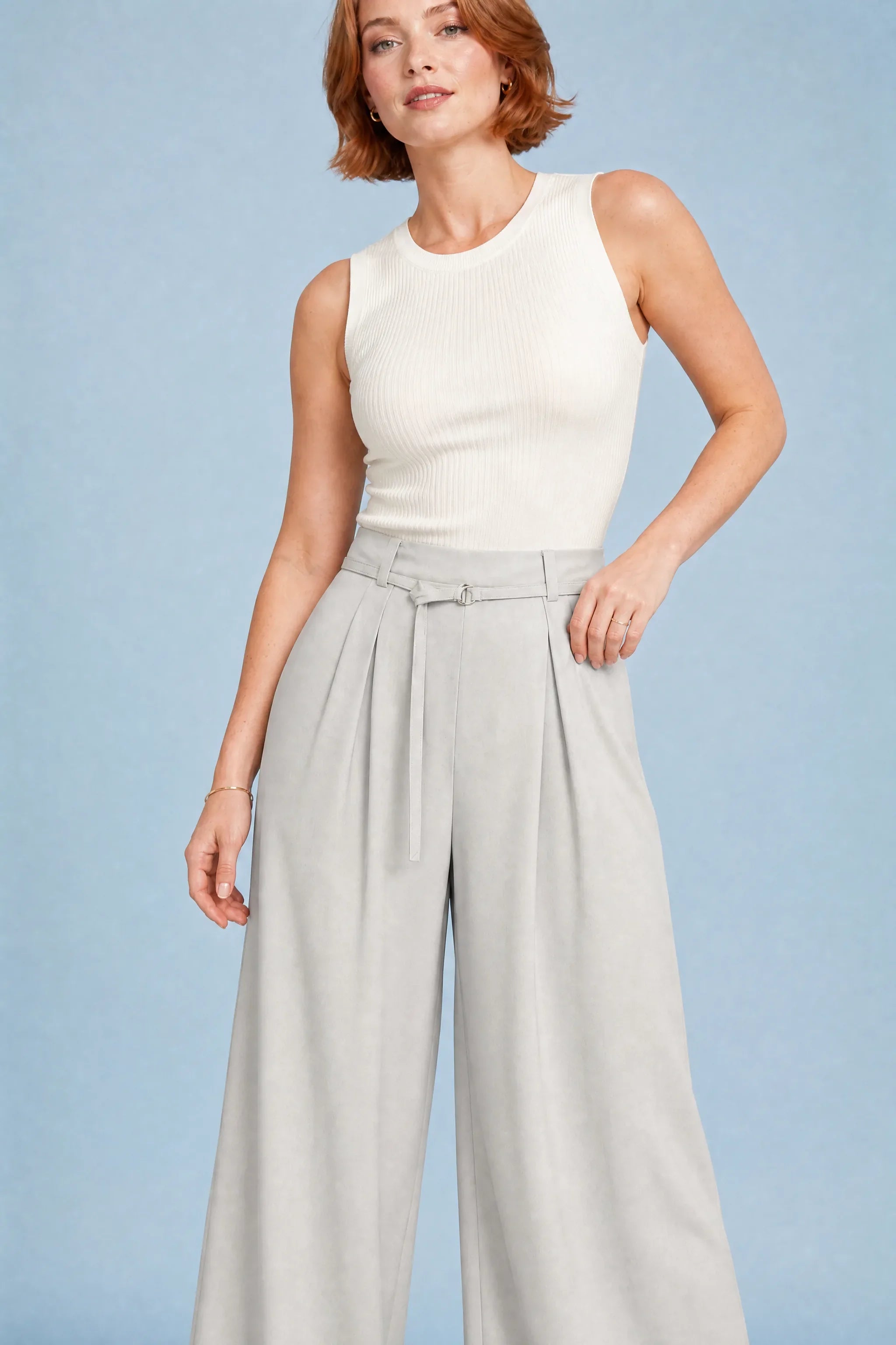 Junia | Ring Buckle Self Belt Pleated Wide Leg Trousers - View 4