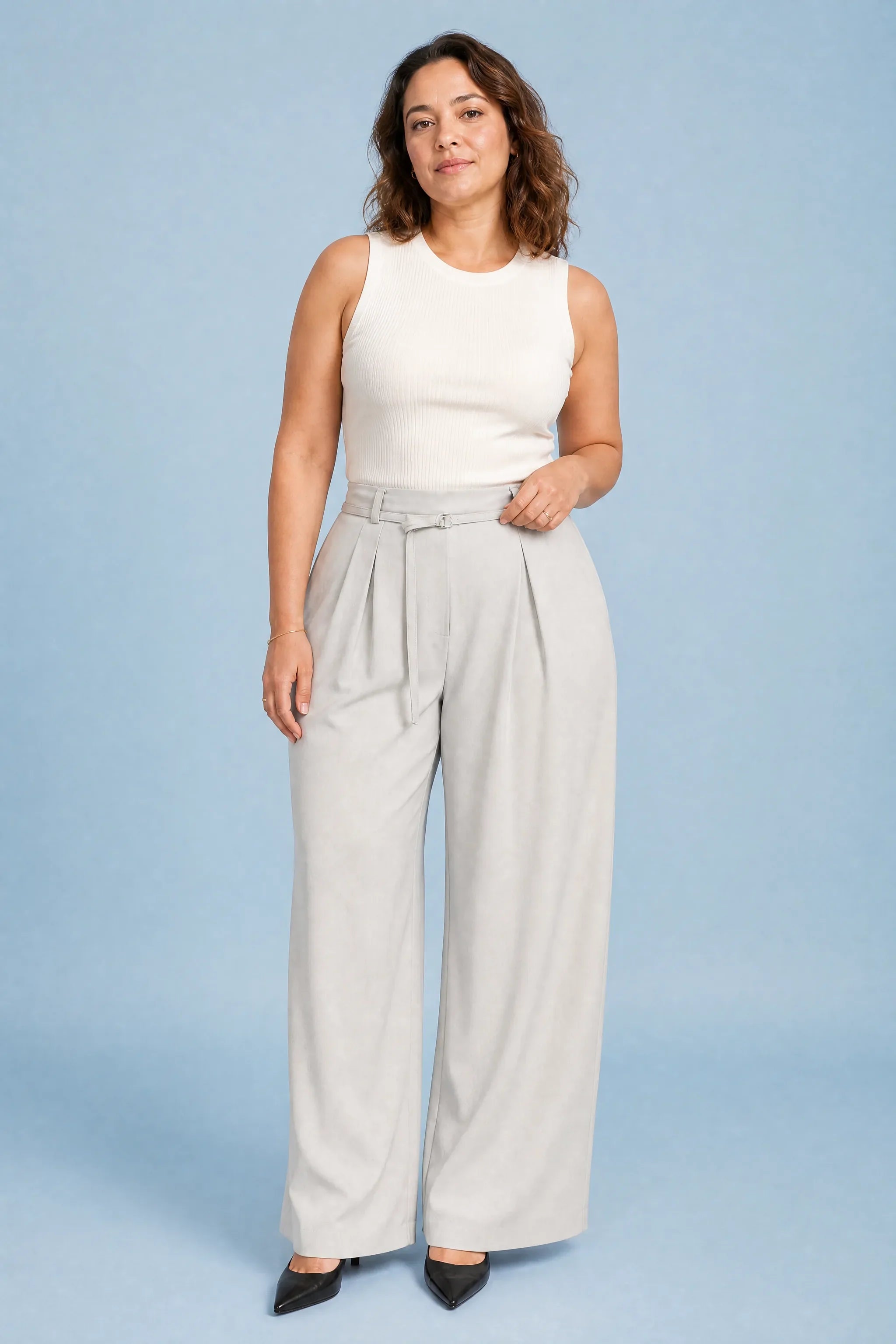Junia | Ring Buckle Self Belt Pleated Wide Leg Trousers - View 6