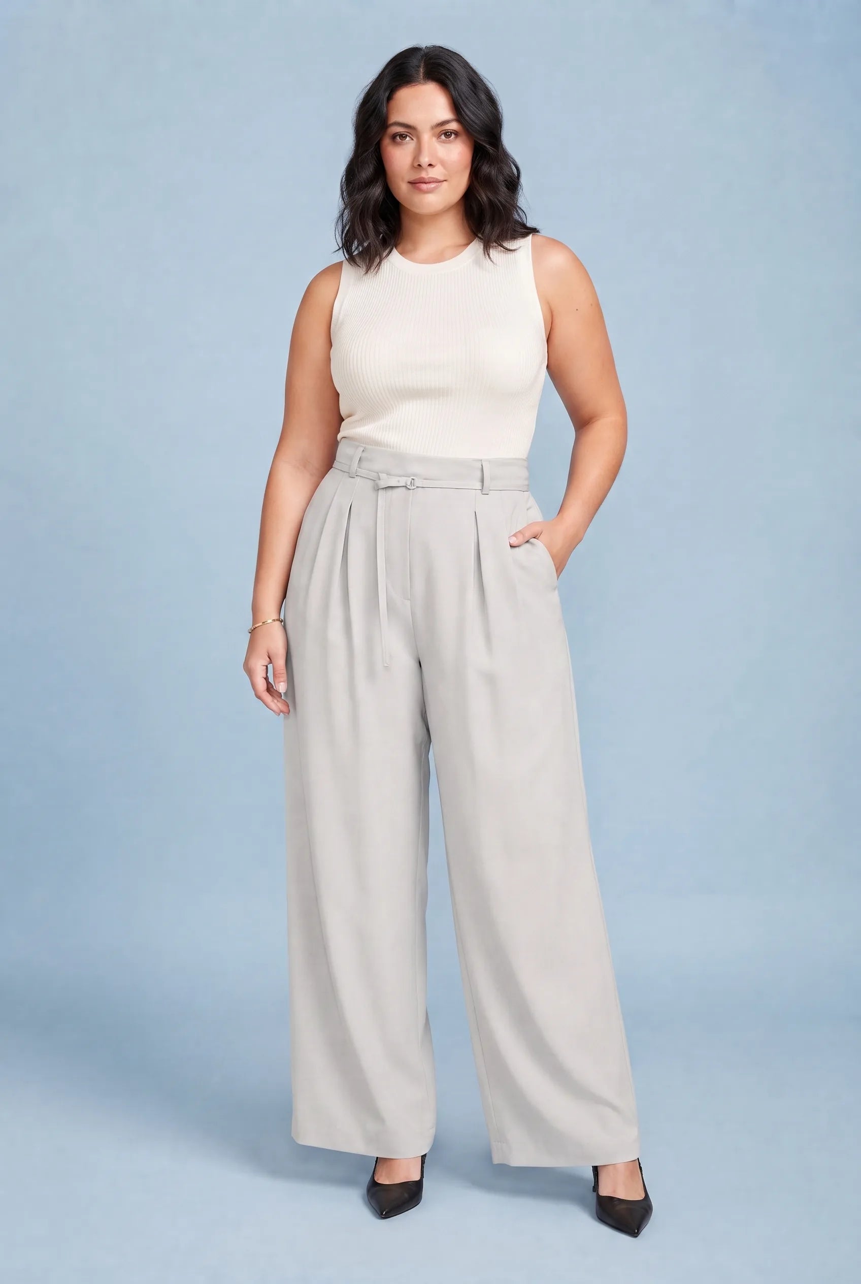 Junia | Ring Buckle Self Belt Pleated Wide Leg Trousers - View 7