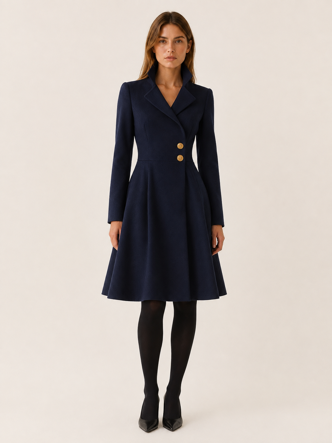 Kaia | Asymmetric Gold Button Fit and Flare Coat Dress