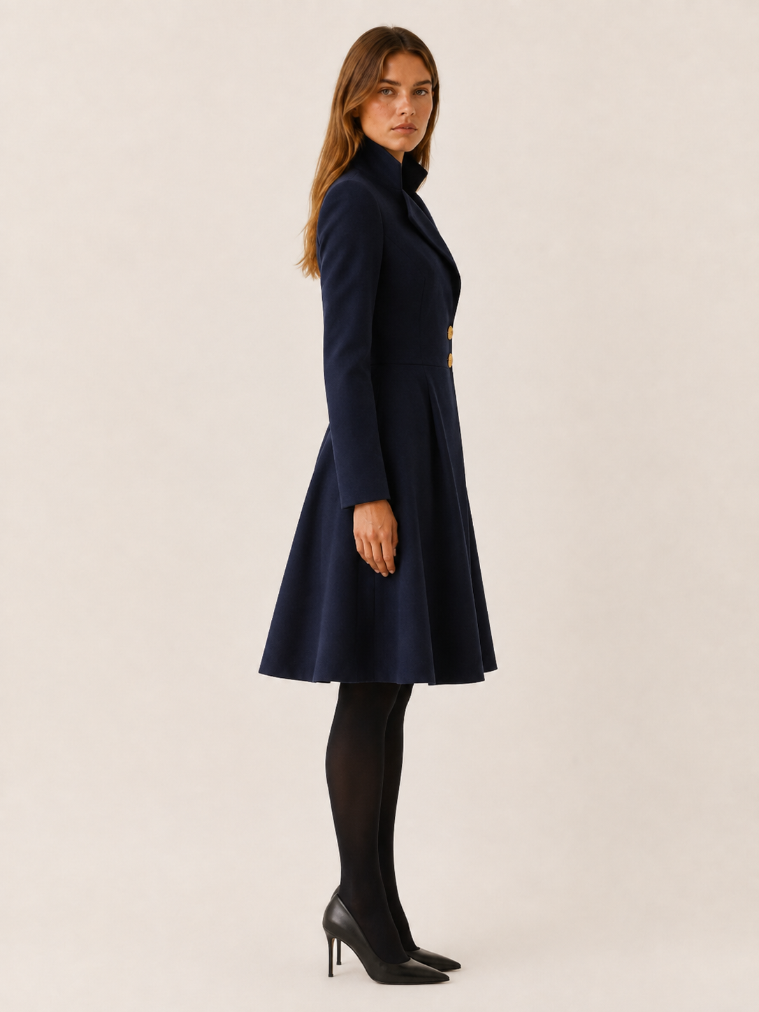 Kaia | Asymmetric Gold Button Fit and Flare Coat Dress - View 3