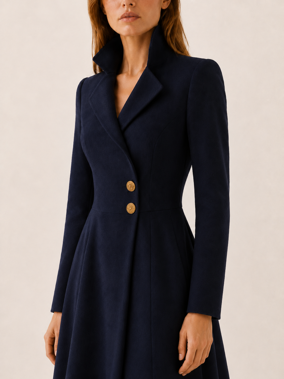 Kaia | Asymmetric Gold Button Fit and Flare Coat Dress - View 4