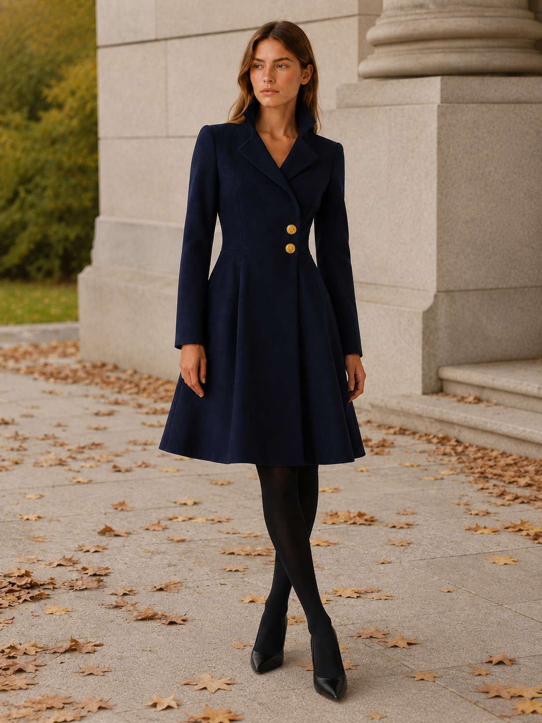 Kaia | Asymmetric Gold Button Fit and Flare Coat Dress - View 5