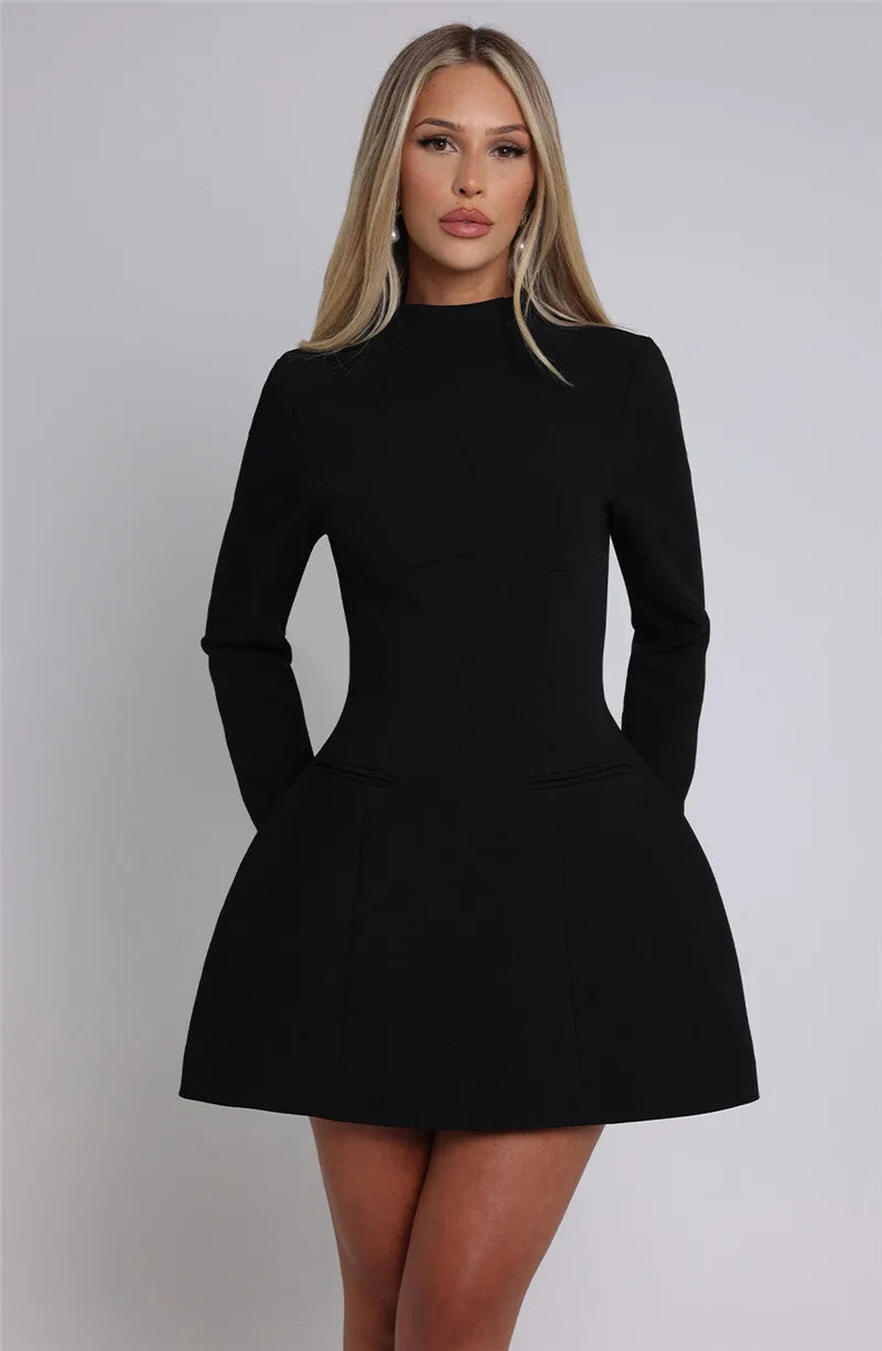 Kirsten | High Boat Neck Long Sleeve Tailored Mini Dress - View 15