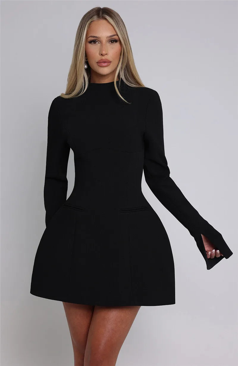 Kirsten | High Boat Neck Long Sleeve Tailored Mini Dress - View 16