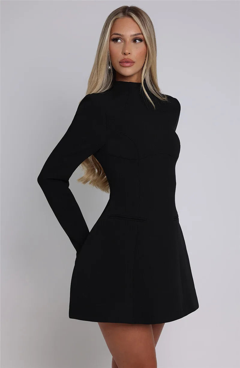 Kirsten | High Boat Neck Long Sleeve Tailored Mini Dress - View 17