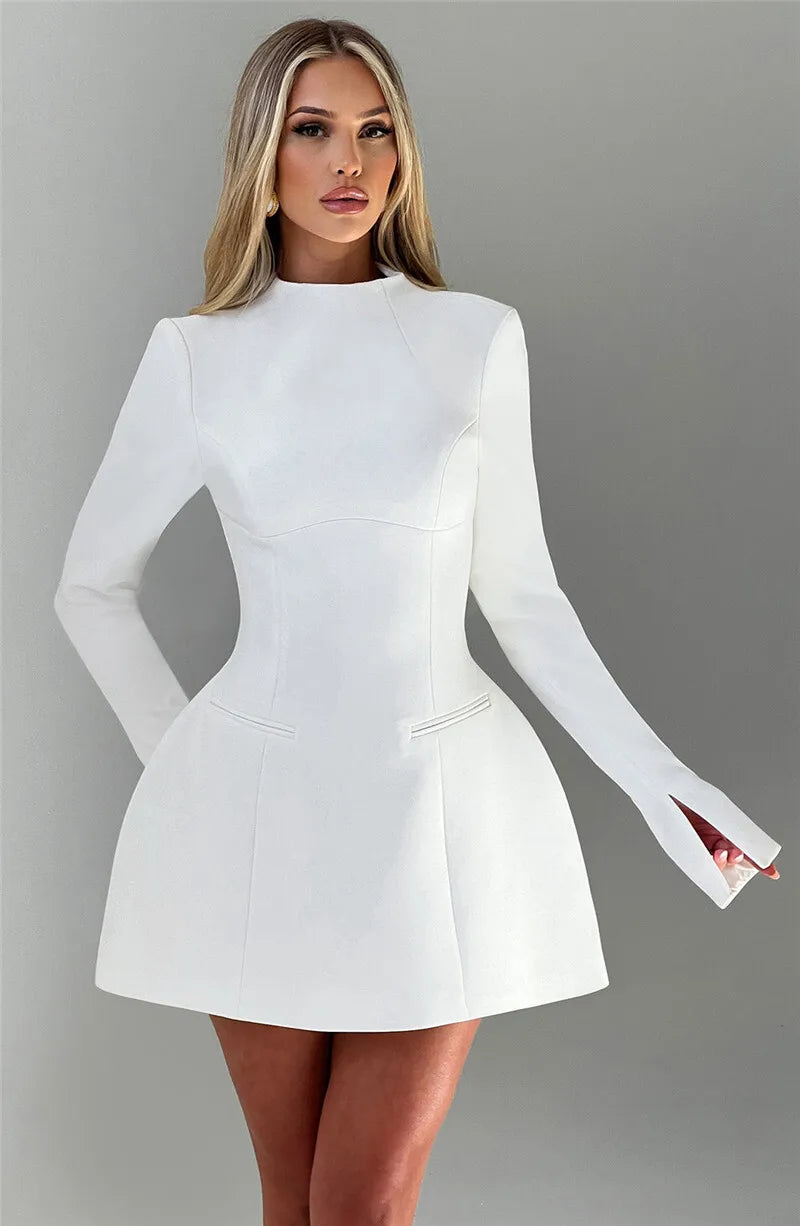 Kirsten | High Boat Neck Long Sleeve Tailored Mini Dress - View 20