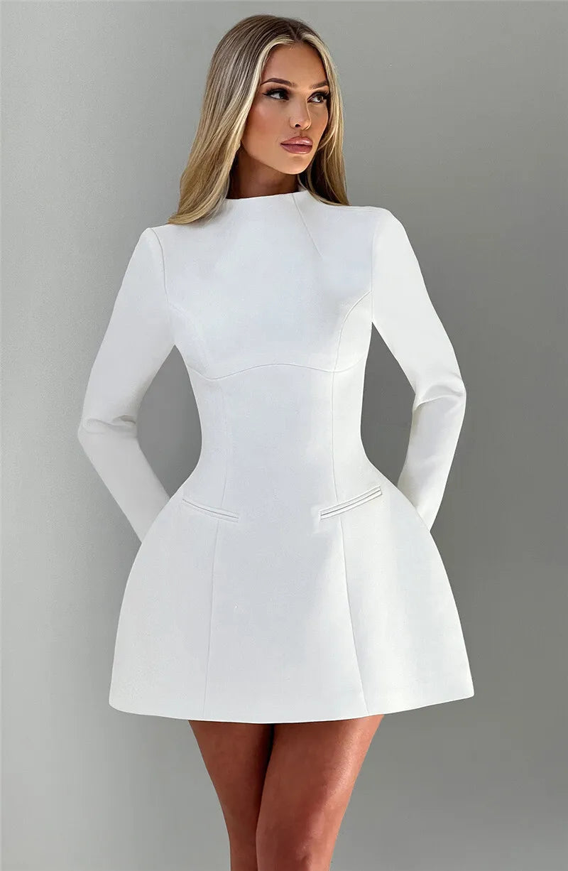 Kirsten | High Boat Neck Long Sleeve Tailored Mini Dress - View 22