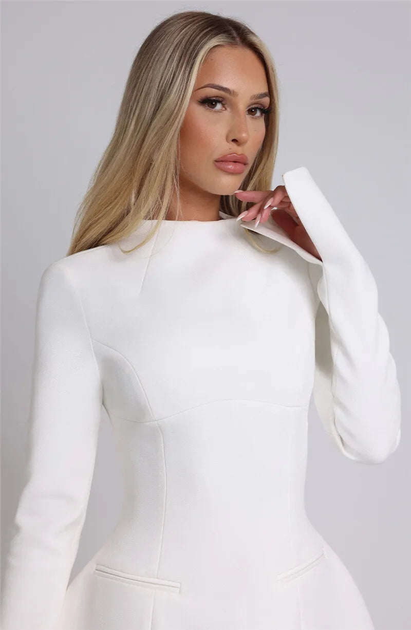 Kirsten | High Boat Neck Long Sleeve Tailored Mini Dress - View 24