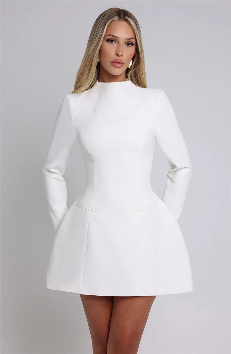 Kirsten | High Boat Neck Long Sleeve Tailored Mini Dress - View 7