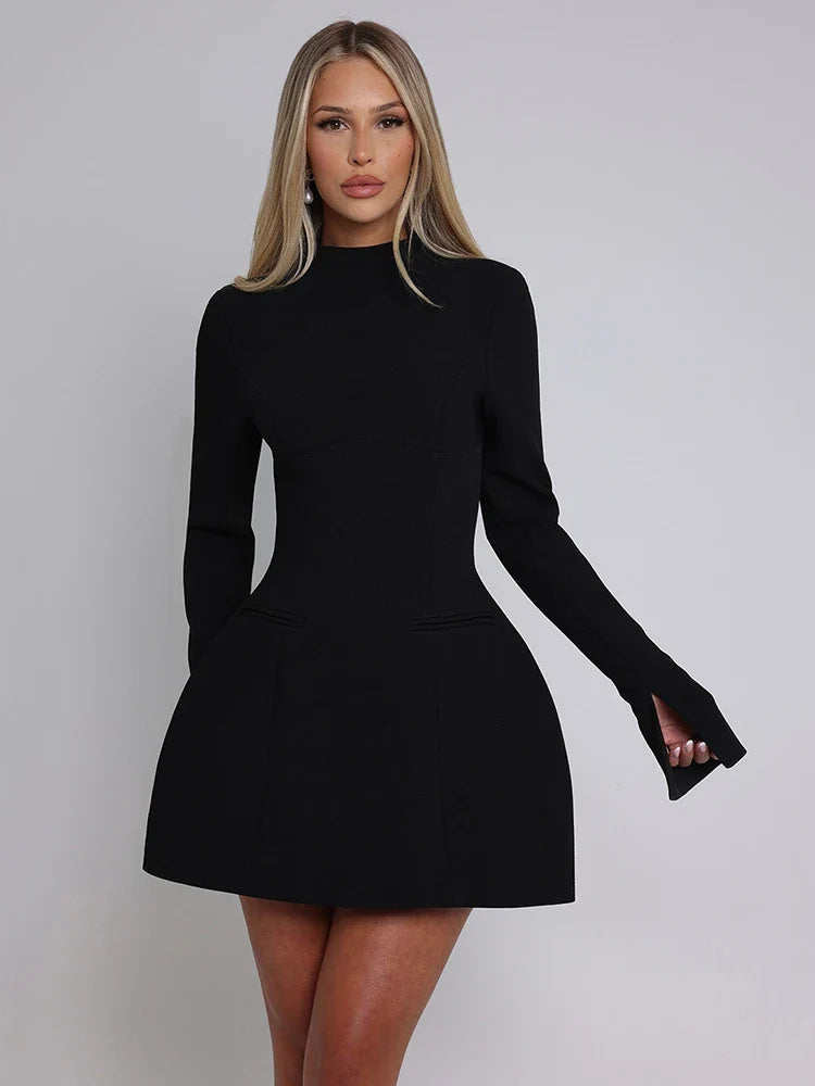Kirsten | High Boat Neck Long Sleeve Tailored Mini Dress - View 9