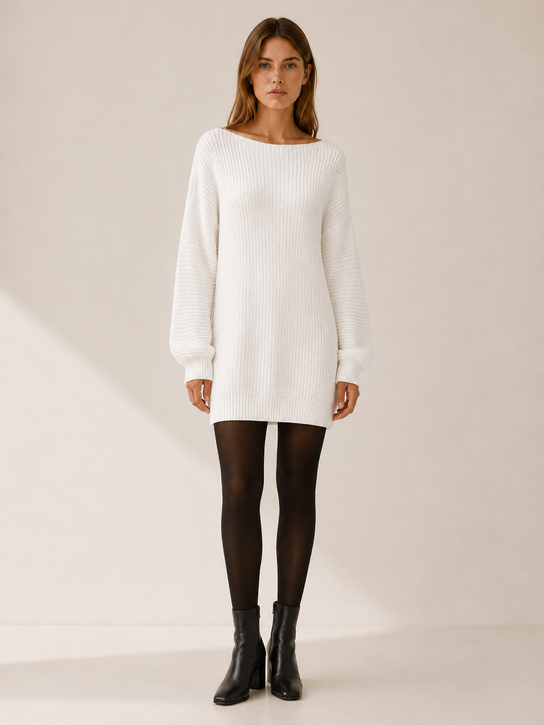 Lavinia | Bardot Neck Shaker Rib Balloon Sleeve Knit Dress