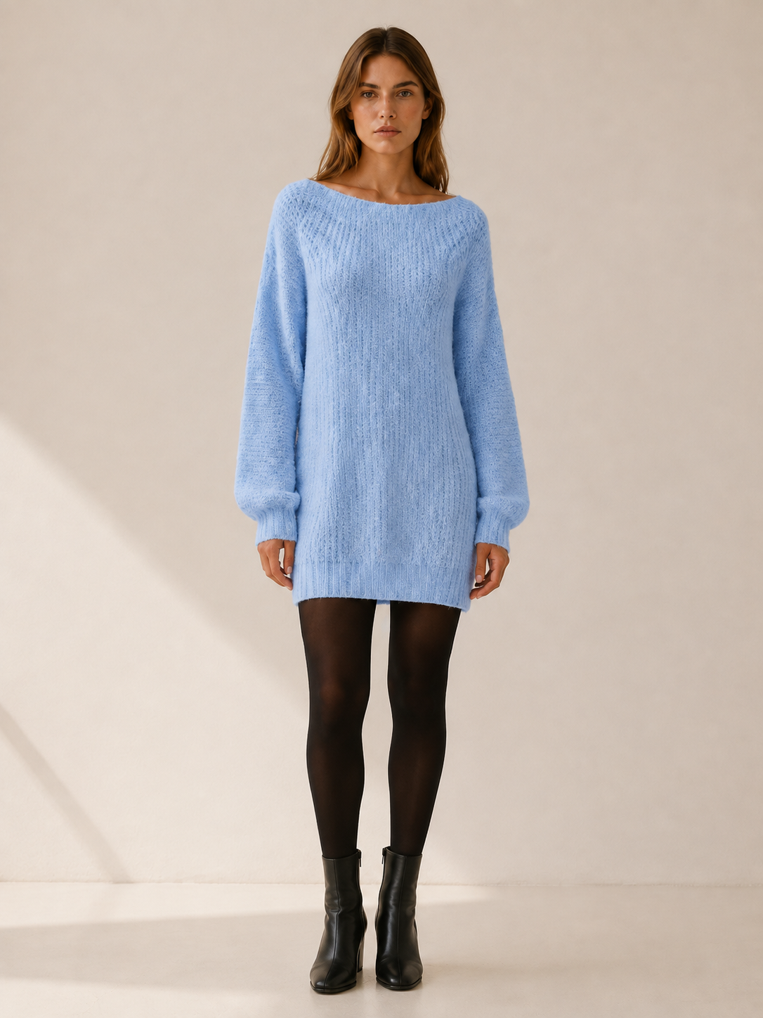 Lavinia | Bardot Neck Shaker Rib Balloon Sleeve Knit Dress - View 8
