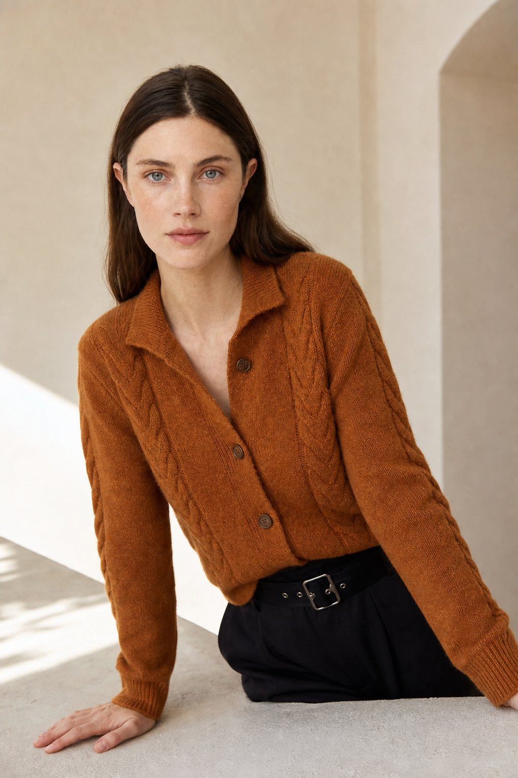 Leonie | Collared Cropped Cable Knit Cashmere Cardigan