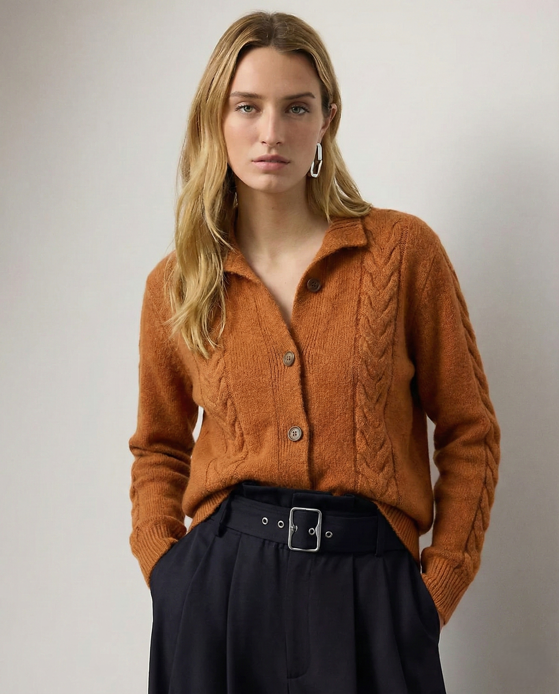 Leonie | Collared Cropped Cable Knit Cashmere Cardigan - View 13