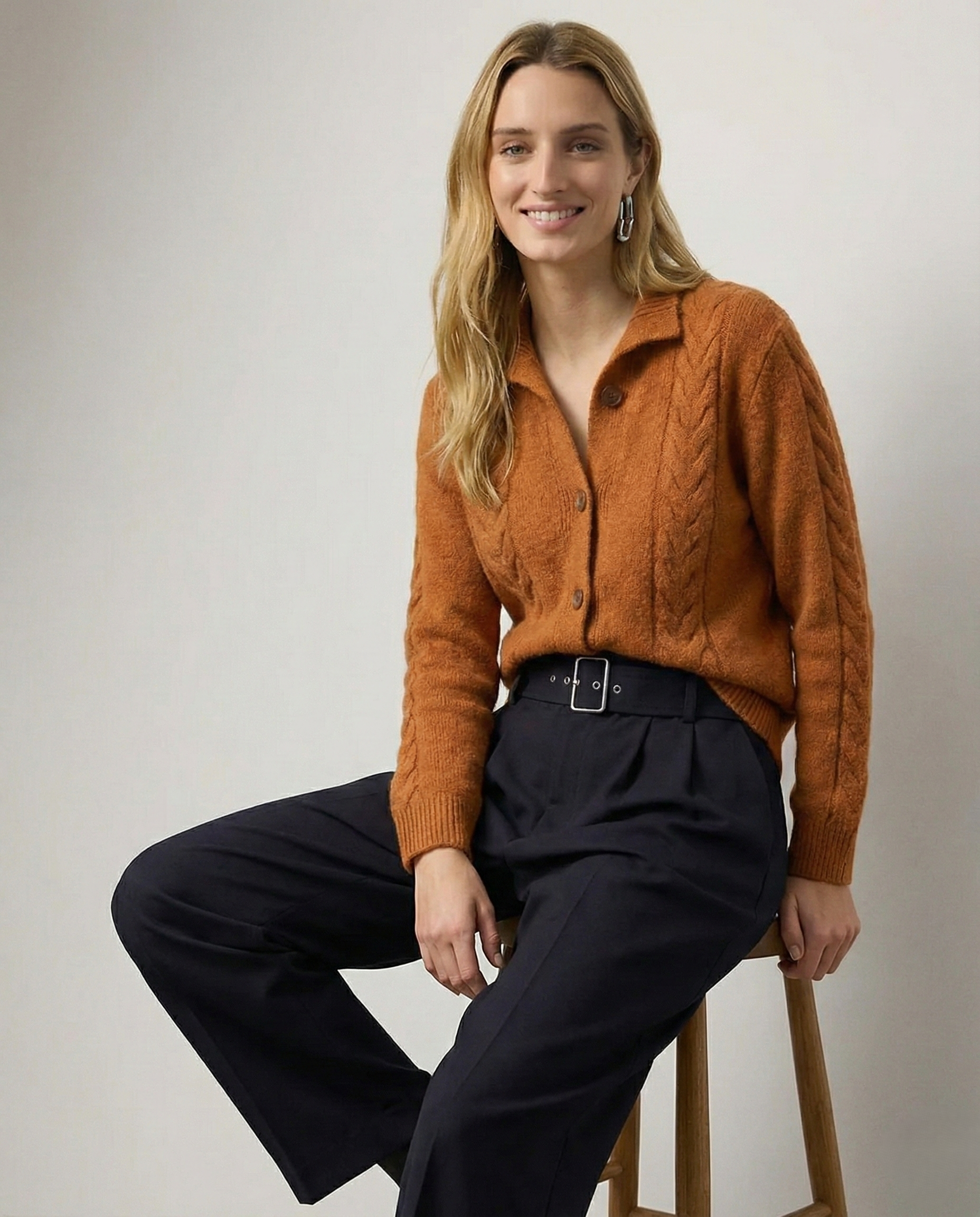 Leonie | Collared Cropped Cable Knit Cashmere Cardigan - View 15