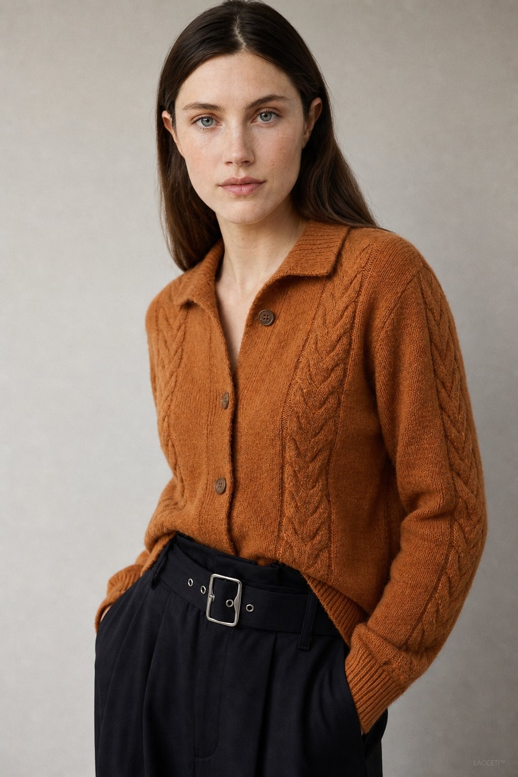 Leonie | Collared Cropped Cable Knit Cashmere Cardigan - View 2