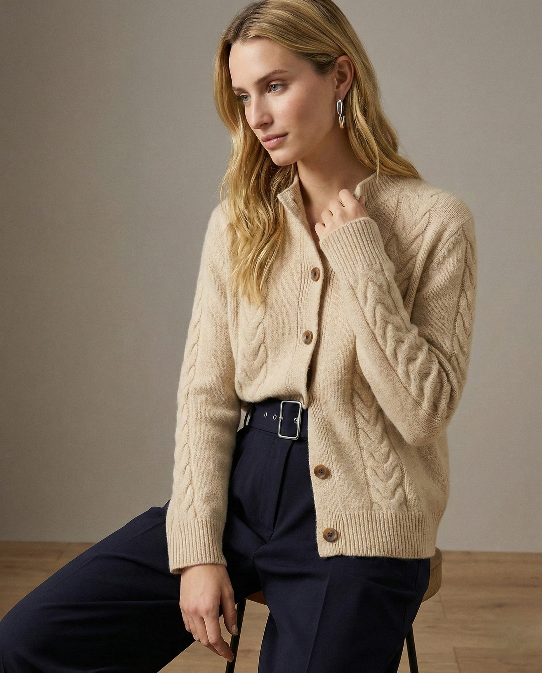 Leonie | Collared Cropped Cable Knit Cashmere Cardigan - View 24