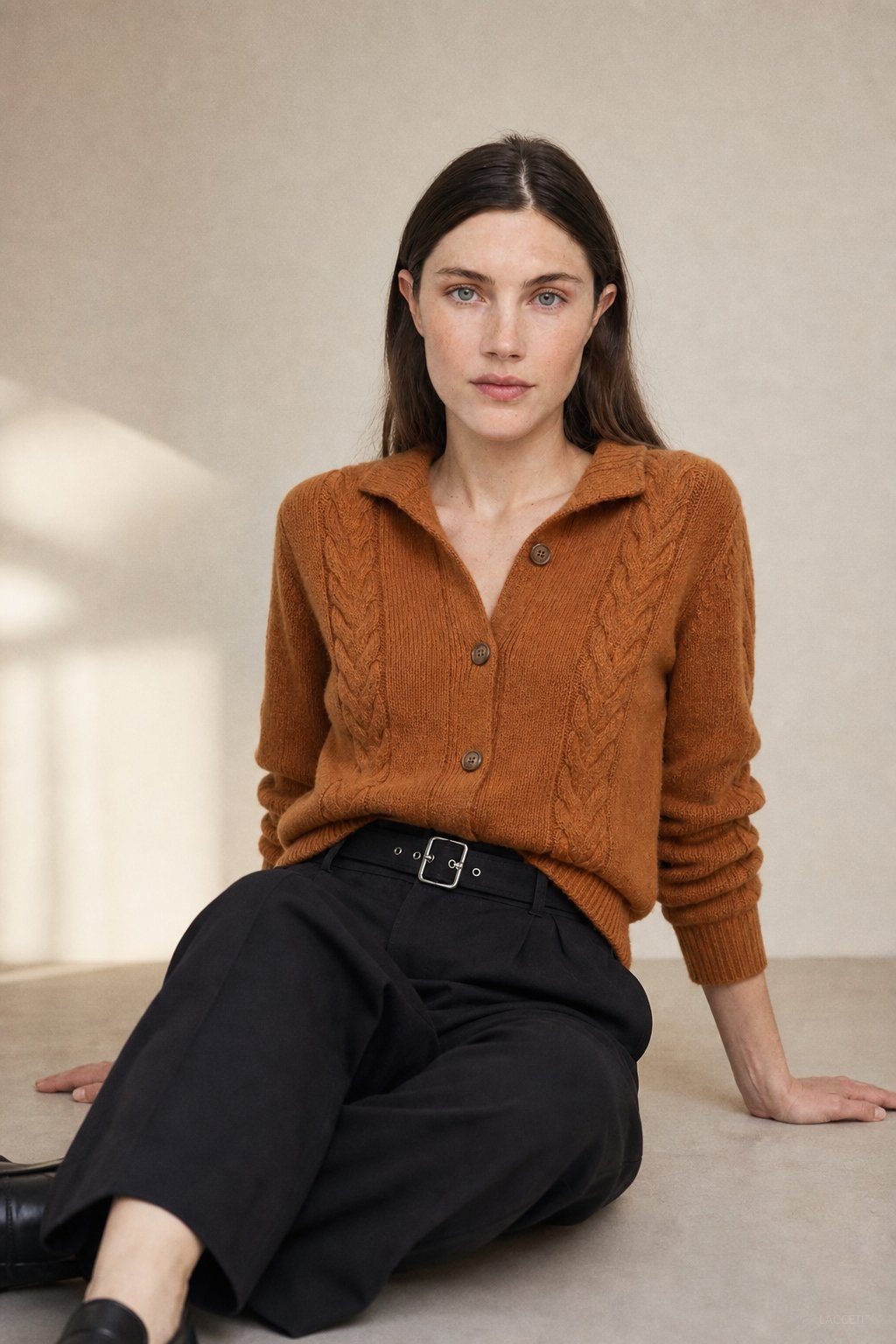 Leonie | Collared Cropped Cable Knit Cashmere Cardigan - View 3