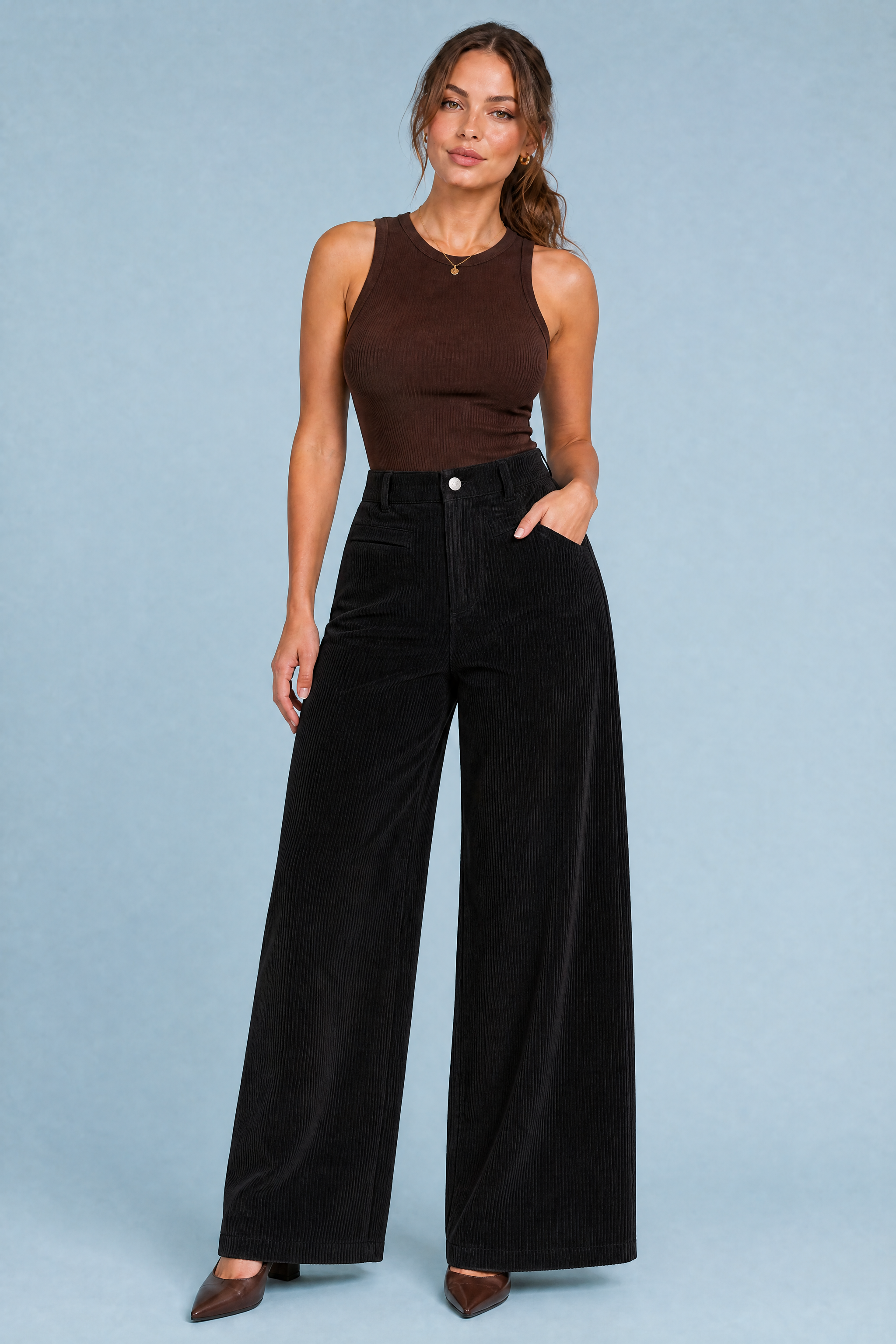 Liesel | Welt Pocket Wide Wale Corduroy High Waist Trousers - View 14
