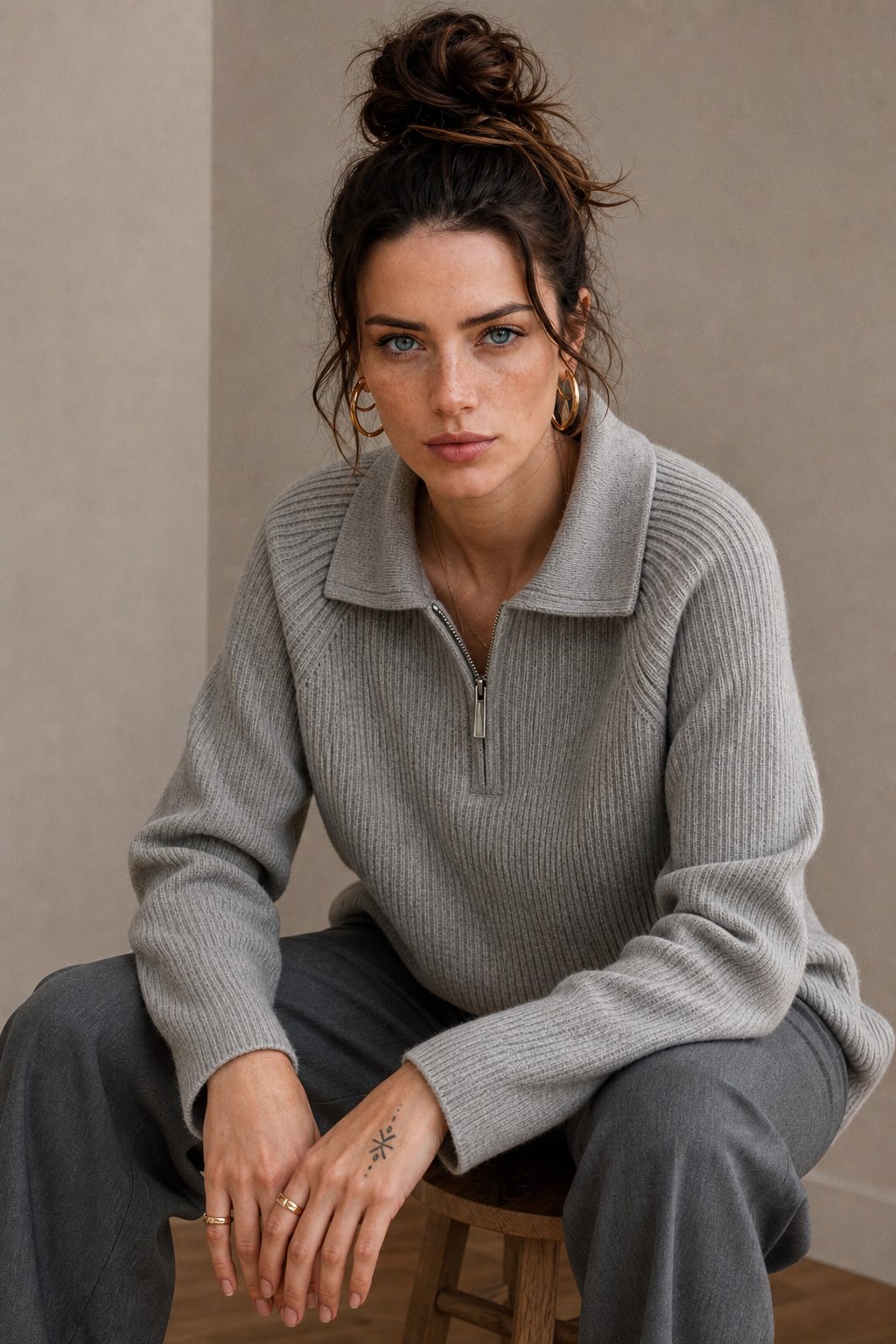 Linnet | Spread Collar Ribbed Half Zip Knit Sweater