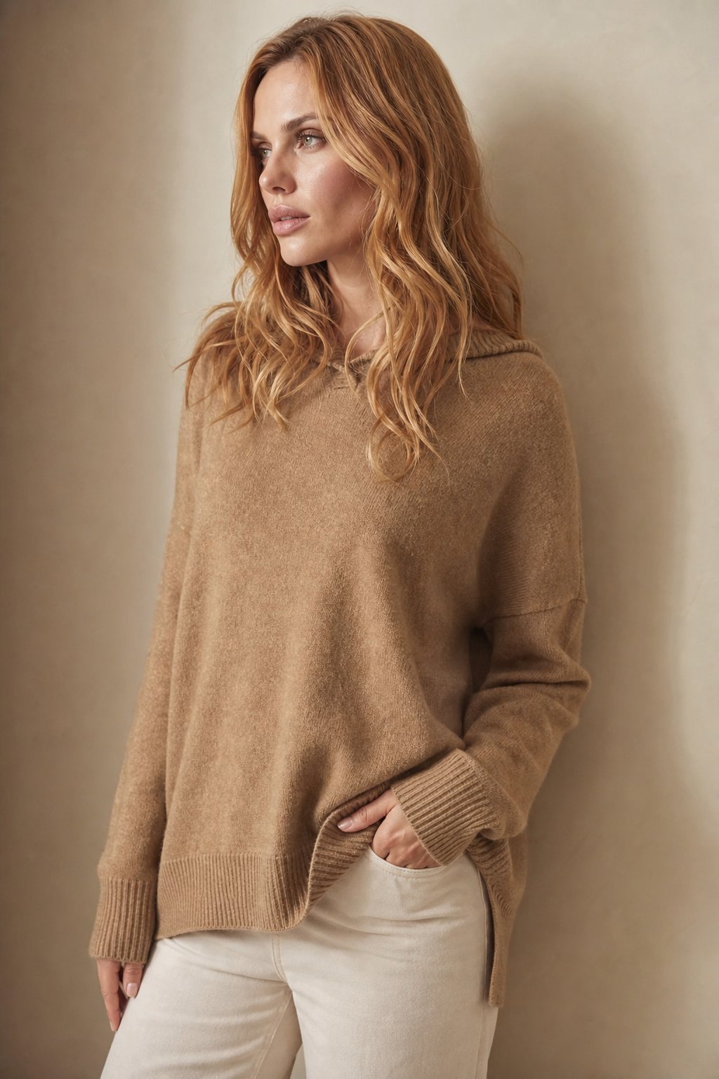 Lisbet | Side Slit Open Collar Oversized Cashmere Sweater - View 2
