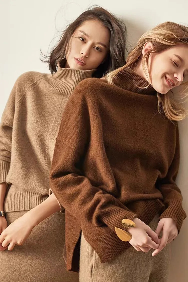 Lisbet | Side Slit Open Collar Oversized Cashmere Sweater - View 3
