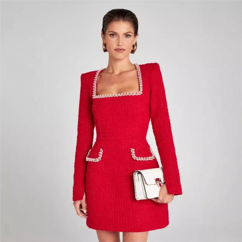 Lorna | Pearl Trim Boucle Tweed Long Sleeve Mini Dress - View 10