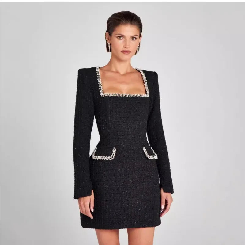 Lorna | Pearl Trim Boucle Tweed Long Sleeve Mini Dress - View 11