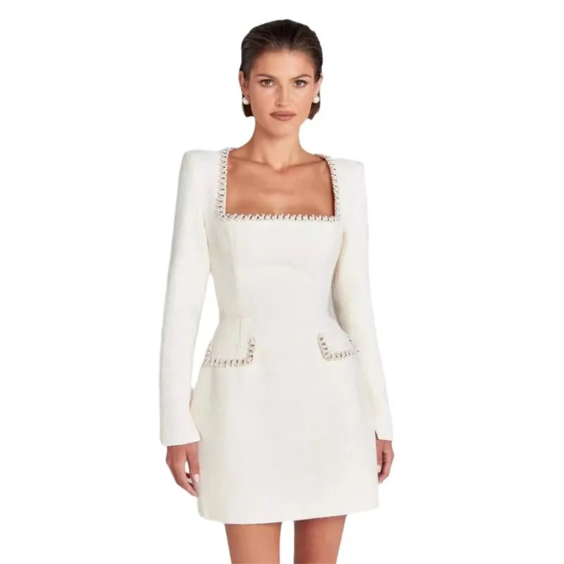 Lorna | Pearl Trim Boucle Tweed Long Sleeve Mini Dress - View 12