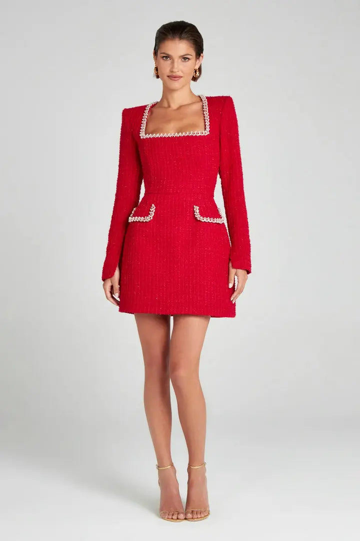 Lorna | Pearl Trim Boucle Tweed Long Sleeve Mini Dress - View 15