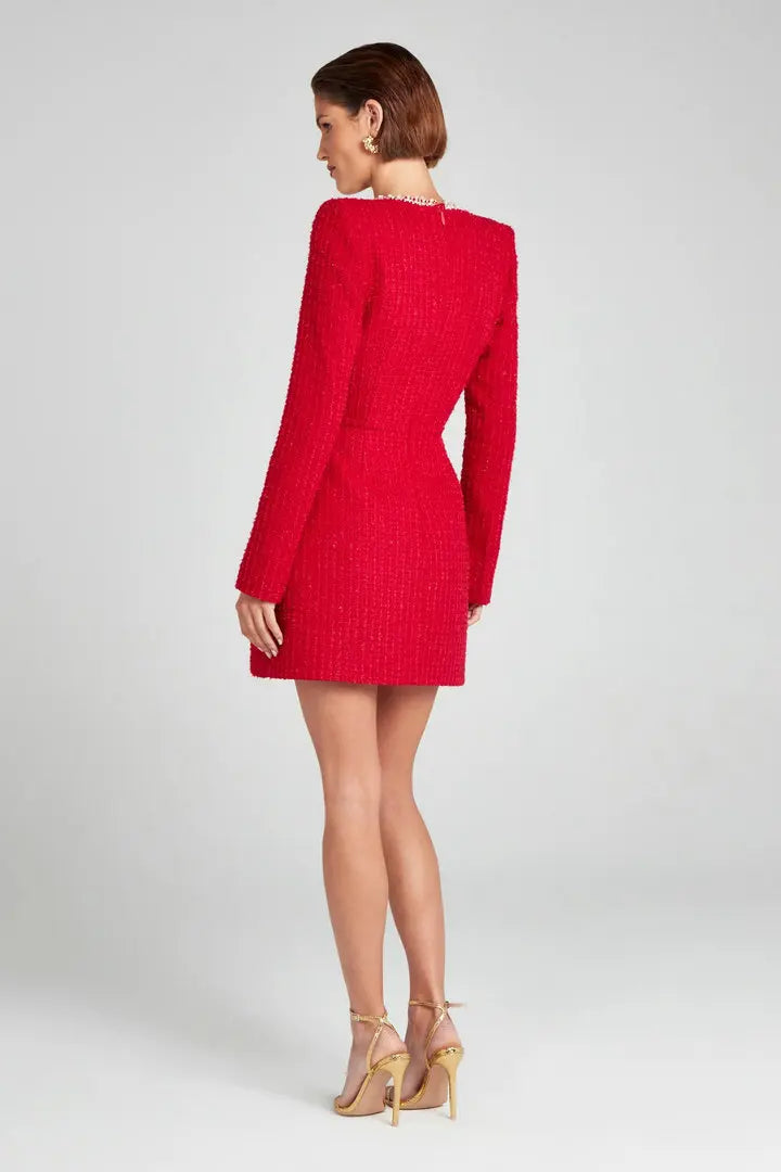 Lorna | Pearl Trim Boucle Tweed Long Sleeve Mini Dress - View 16