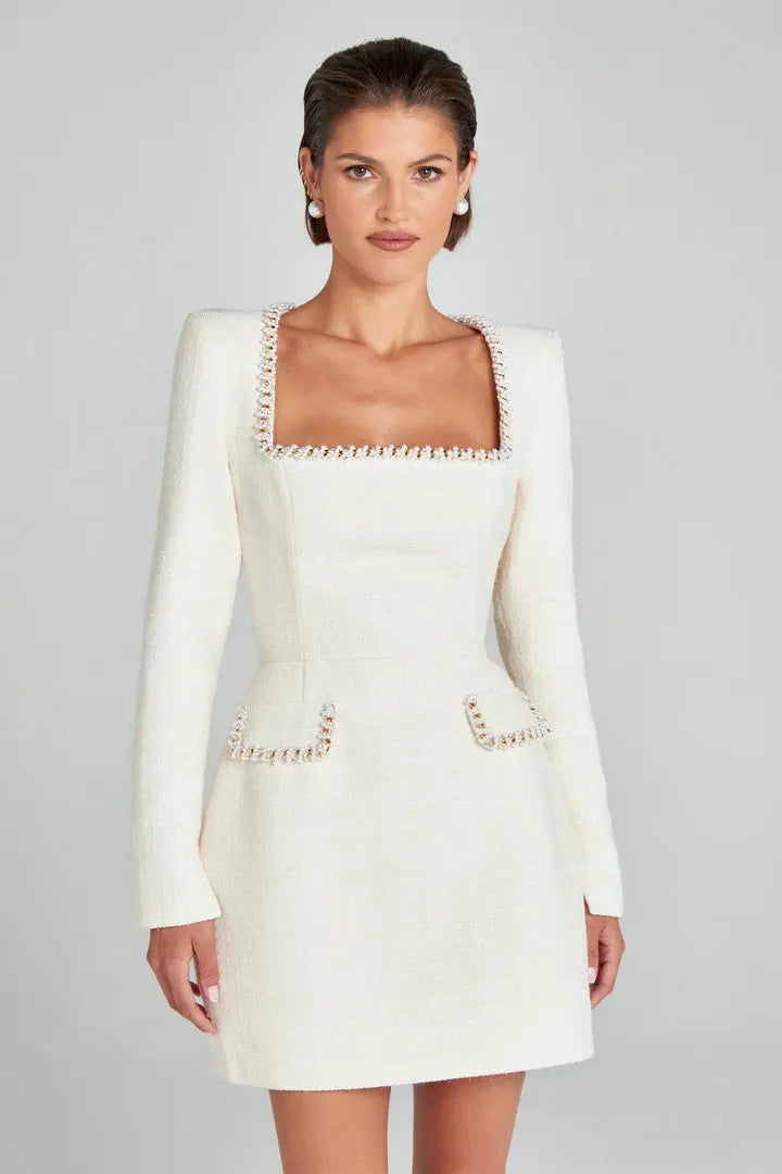 Lorna | Pearl Trim Boucle Tweed Long Sleeve Mini Dress - View 17