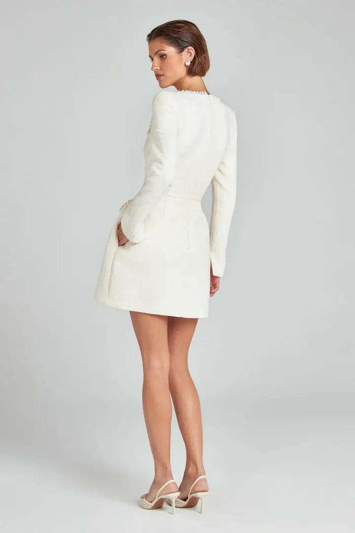 Lorna | Pearl Trim Boucle Tweed Long Sleeve Mini Dress - View 19