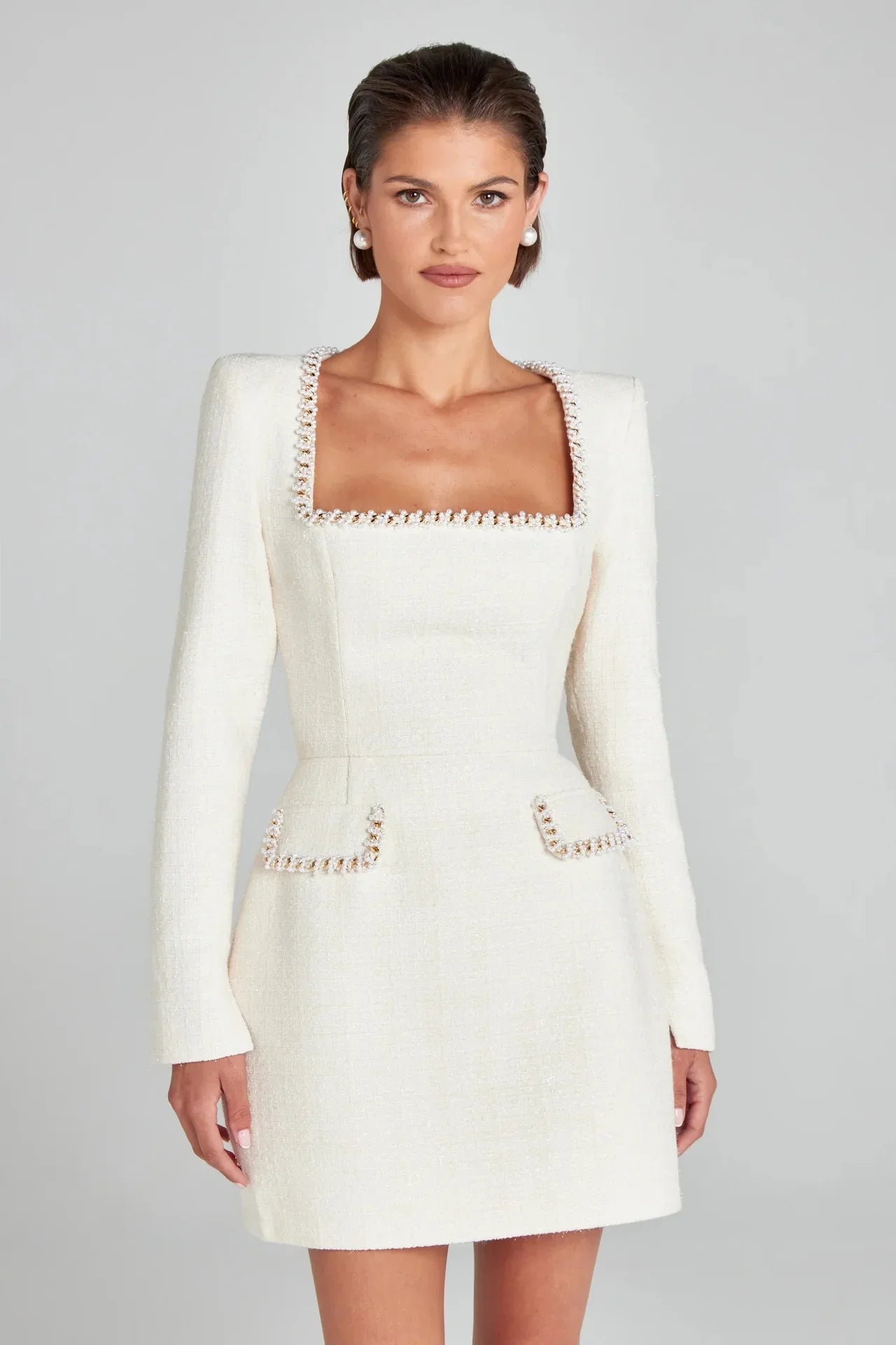 Lorna | Pearl Trim Boucle Tweed Long Sleeve Mini Dress - View 20