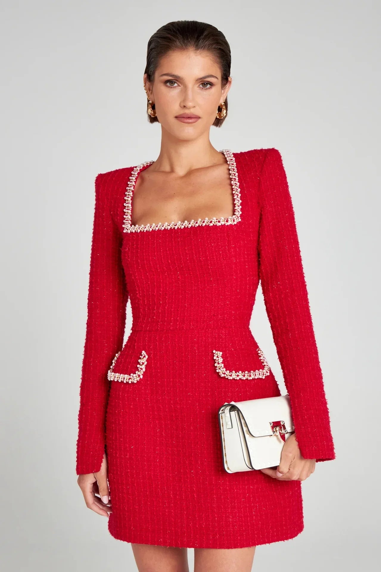 Lorna | Pearl Trim Boucle Tweed Long Sleeve Mini Dress - View 21