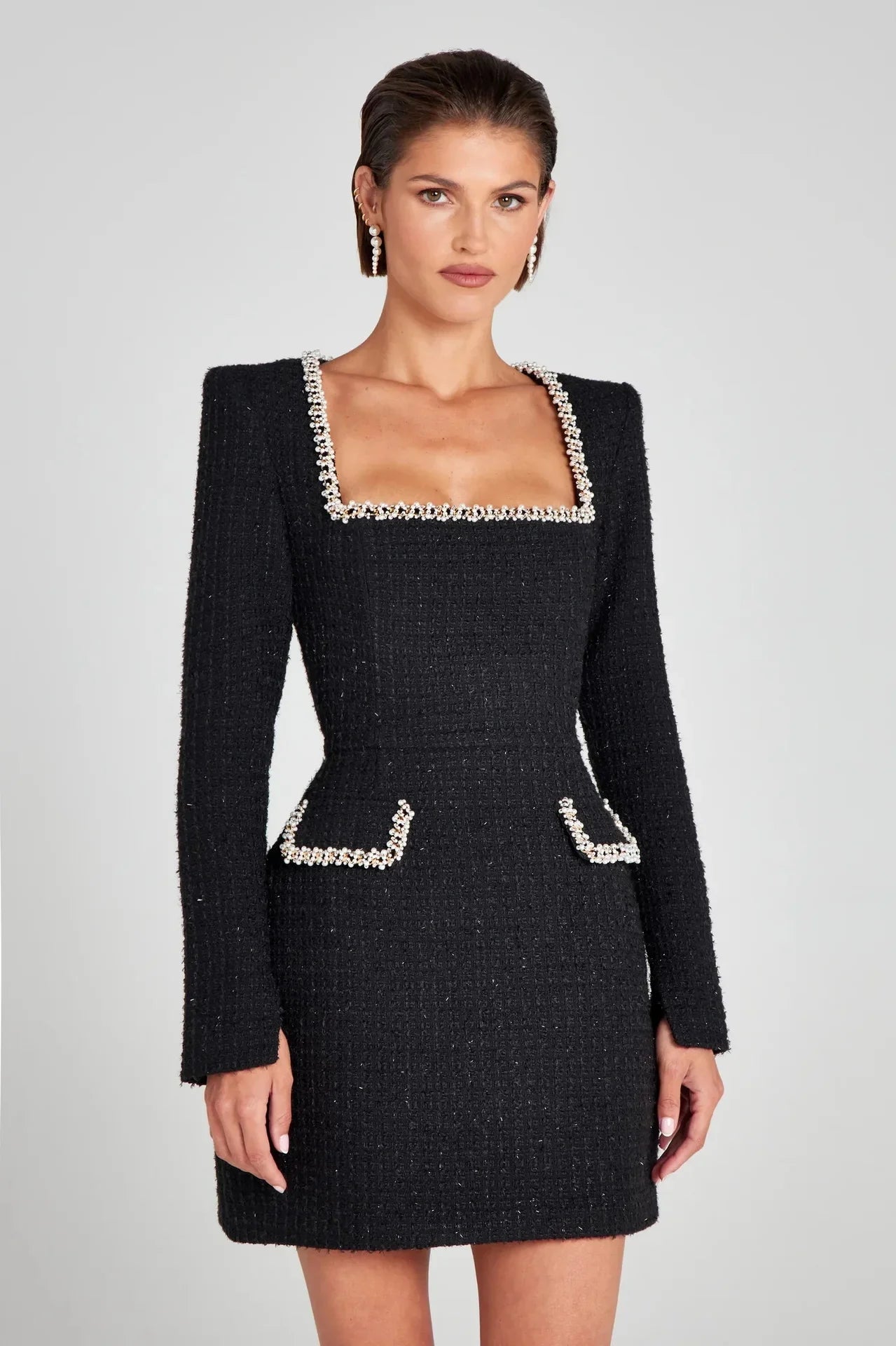 Lorna | Pearl Trim Boucle Tweed Long Sleeve Mini Dress - View 22