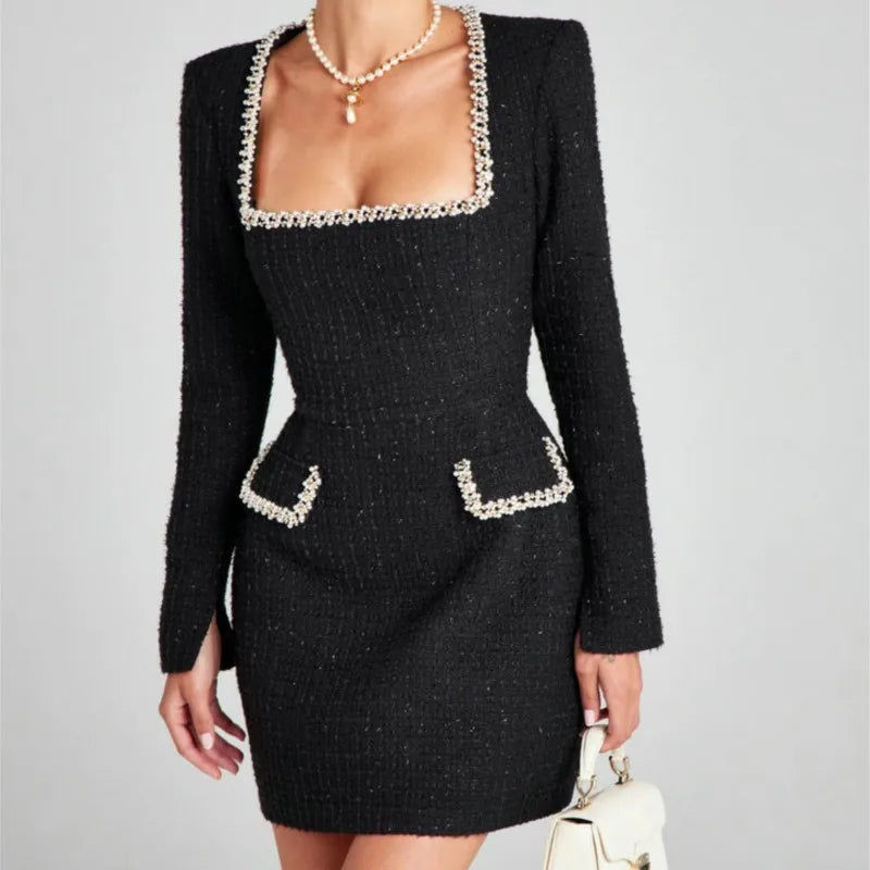 Lorna | Pearl Trim Boucle Tweed Long Sleeve Mini Dress - View 23