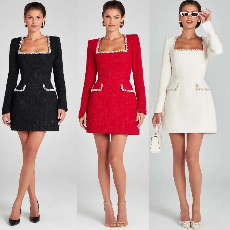 Lorna | Pearl Trim Boucle Tweed Long Sleeve Mini Dress - View 27
