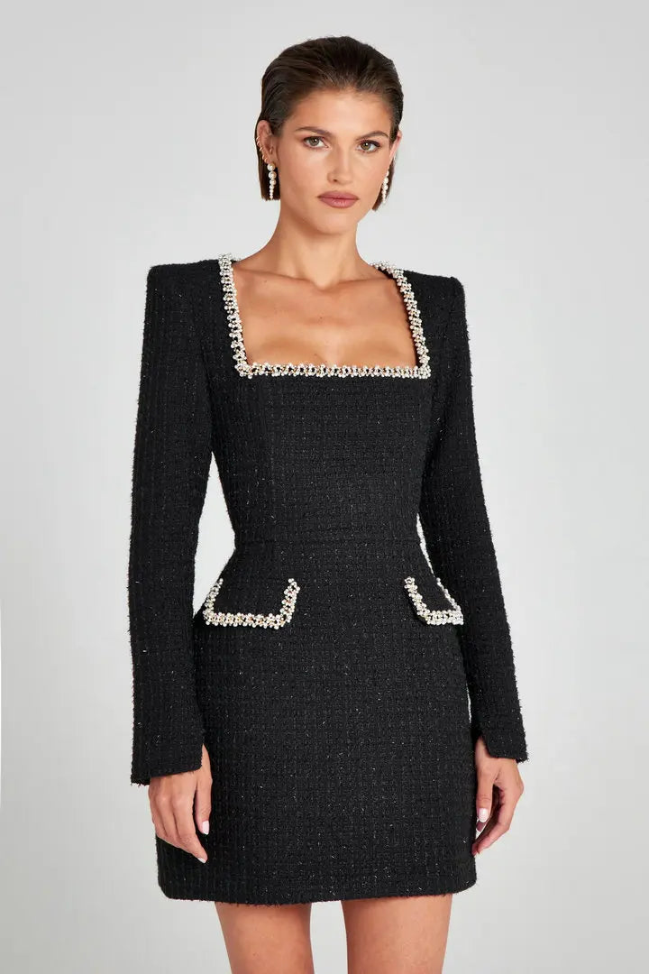 Lorna | Pearl Trim Boucle Tweed Long Sleeve Mini Dress - View 9