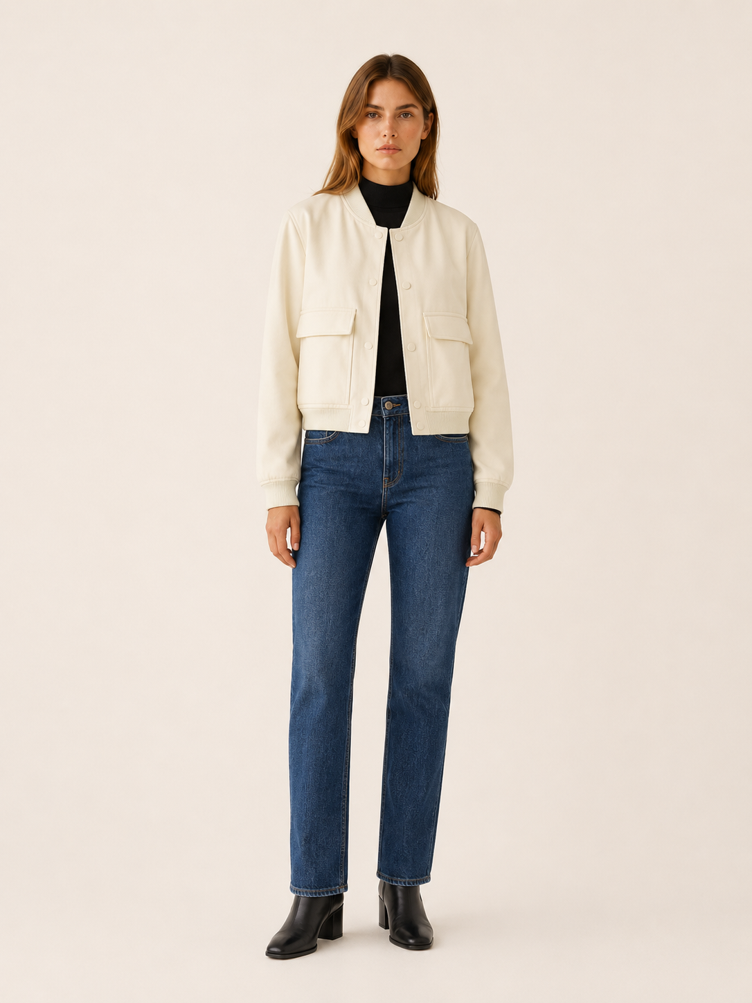 Lucienne | Flap Pocket Ribbed Trim Faux Leather Bomber Jacket