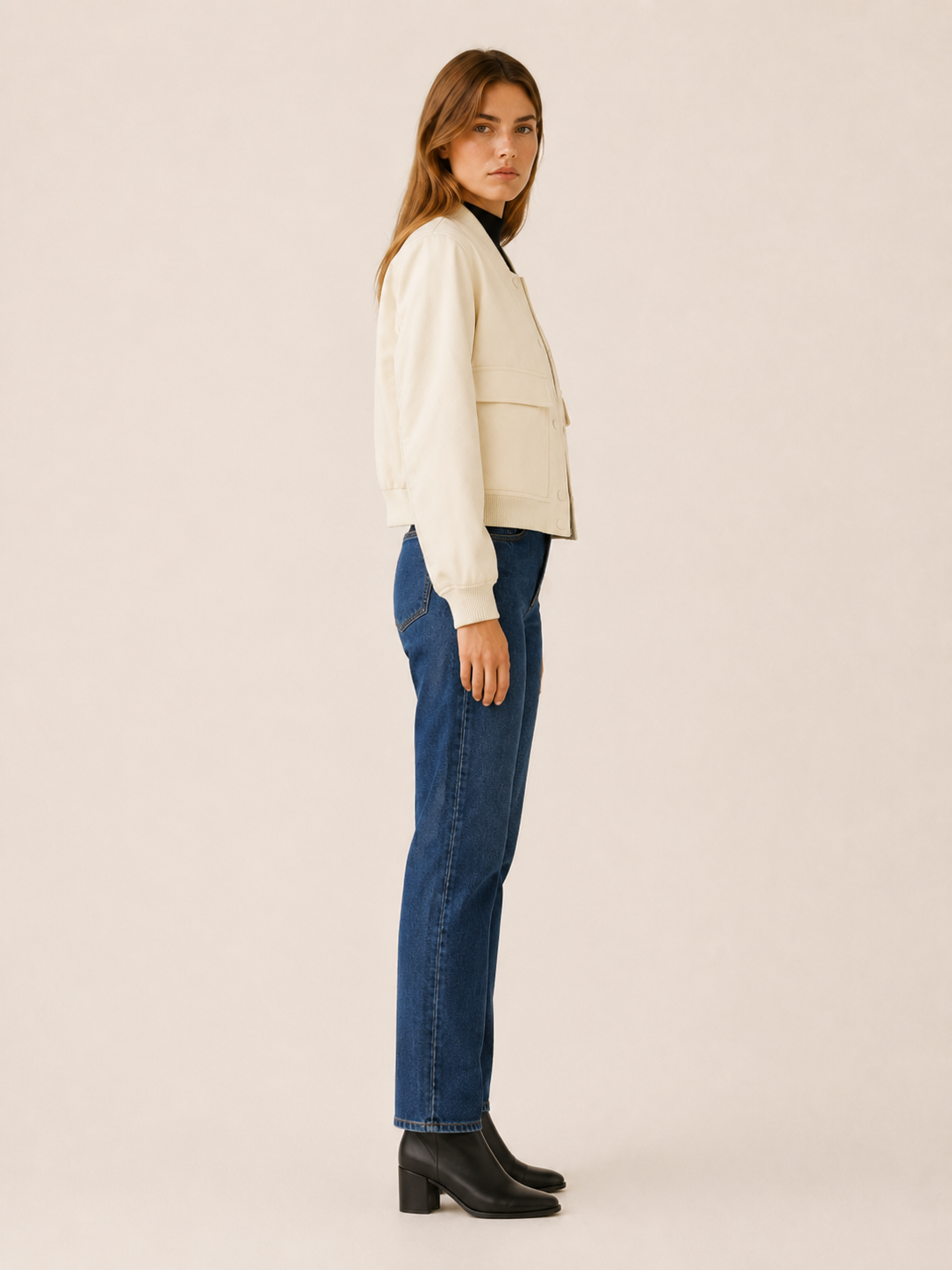 Lucienne | Flap Pocket Ribbed Trim Faux Leather Bomber Jacket - View 3