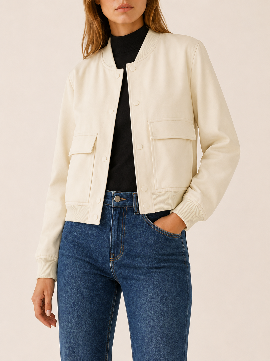 Lucienne | Flap Pocket Ribbed Trim Faux Leather Bomber Jacket - View 4