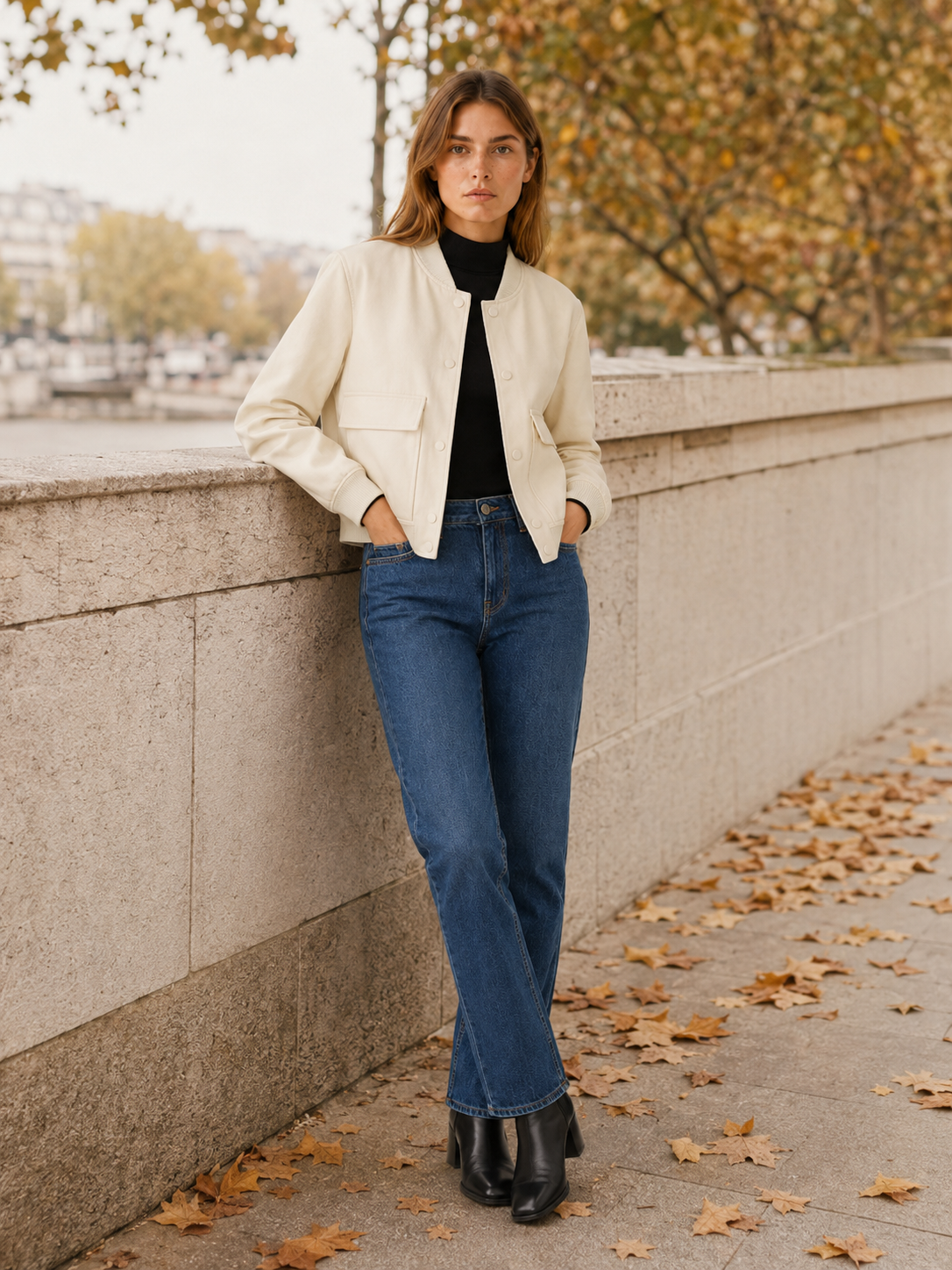 Lucienne | Flap Pocket Ribbed Trim Faux Leather Bomber Jacket - View 5