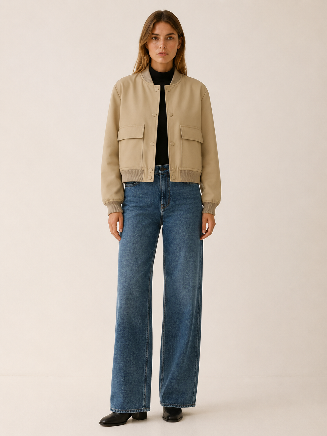 Lucienne | Flap Pocket Ribbed Trim Faux Leather Bomber Jacket - View 6