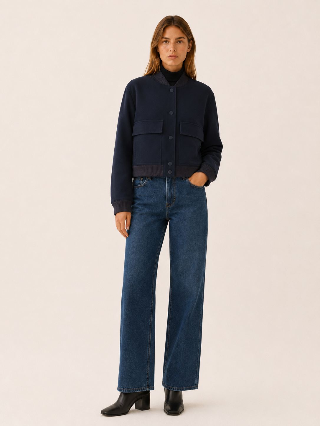 Lucienne | Flap Pocket Ribbed Trim Faux Leather Bomber Jacket - View 7
